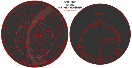 Vector Star map of the Northern hemisphere Night mode red vision For mobile applications and computer software
