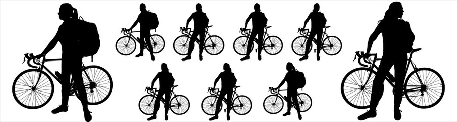 Big set of female cyclists silhouettes. A girl with a large tourist backpack behind her is standing near a bike. A woman's hand holds on to the steering wheel of a bicycle. Side view. Black silhouette