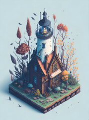 Isometric light house with flowers. AI generated illustration