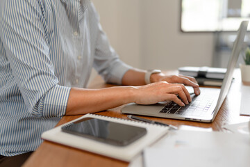 Fototapeta premium Image of woman calculate tax invoice at home, summarizing taxes, money planing..
