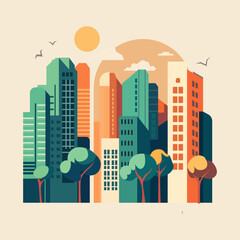 Vector illustration in simple minimalistic geometric flat style - cityscape with buildings and trees.