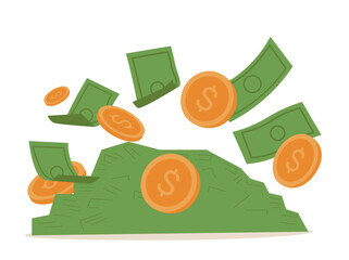 Money rain. Falling cartoon style paper dollars and gold coins. Casino win or business success. Vector illustration.