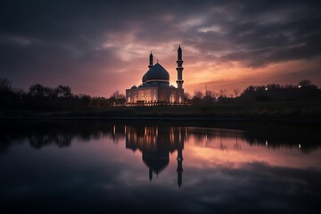 Fototapeta na wymiar mosque full object perspective photo generate AI, for ramadhan kareem, eid al fitr, eid adha, islamic event
