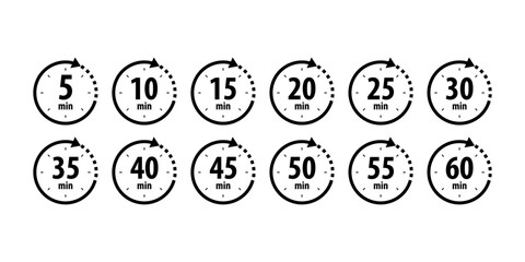 Timer, clock, stopwatch isolated set icons with different time. Countdown timer symbol icon set. Minute timer icons set. Countdown5,10,15,20,25,30,35,40,45,50,55, minutes - obrazy, fototapety, plakaty