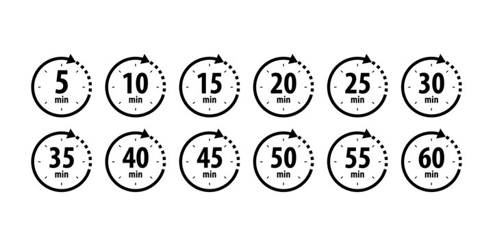 Timer, clock, stopwatch isolated set icons with different time. Countdown timer symbol icon set. Minute timer icons set. Countdown5,10,15,20,25,30,35,40,45,50,55, minutes
