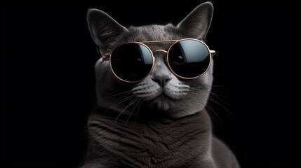 funny studio shot of cool cat wearing sunglasses on gray background with copy space. Generative Ai.