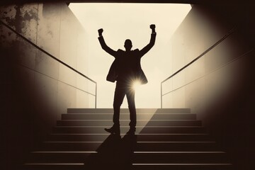 Silhouette of a successful businessman standing on the stairs with raised hands, Generative Ai