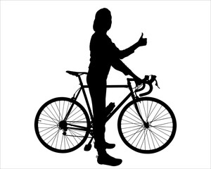 A joyful girl stands near the bike. A woman shows a "like" gesture with her hand. Tourist with a bicycle, holding the steering wheel with his hand. Bicycle tourism. Side view. Black silhouette isolate