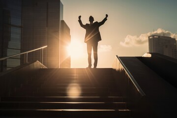 Silhouette of a successful businessman standing on the stairs with raised hands, Generative Ai