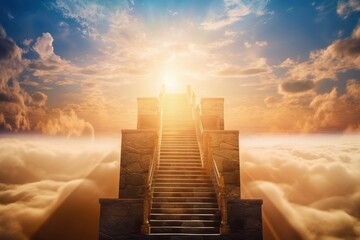 Conceptual image of an entrance to heaven with a stairway leading to heaven or hell, Generative Ai