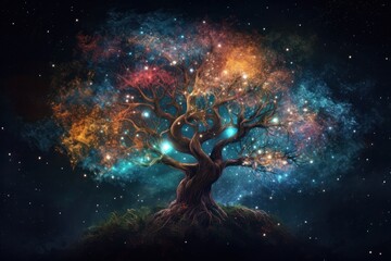 Fototapeta na wymiar Fantasy tree in the night sky with stars and nebula, Generative Ai