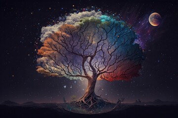 Beautiful magic tree in the night sky. Illustration of a fantasy tree, Generative Ai