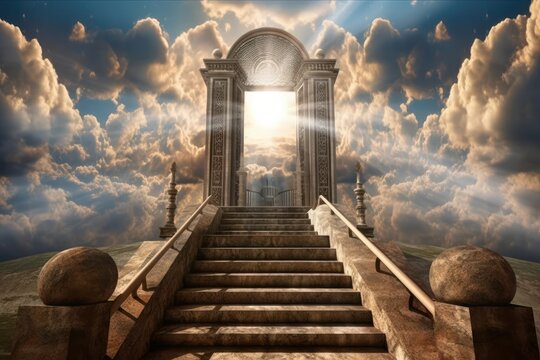 Conceptual image of an entrance to heaven with a stairway leading to heaven or hell, Generative Ai