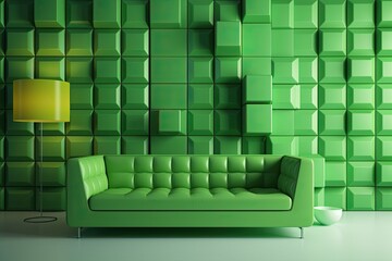 cozy living room with a green couch and matching green accent wall. Generative AI