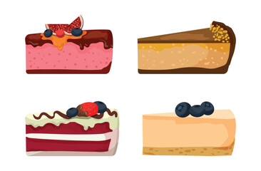 Big set of cakes, pastries and cheesecakes. Vector illustrations of sweets isolated on white background.