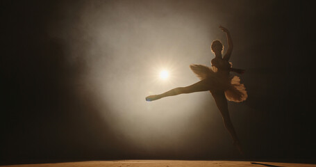 Beautiful caucasian ballerina gracefully dancing and spinning on stage, spotted by white light, isolated on smoked black background 