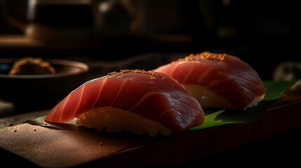A dish of fresh nigiri salmon (sake) sushi nicely presented on a Japanese restaurant table