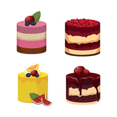 Big set of cakes, pastries and cheesecakes. Vector illustrations of sweets isolated on white background.