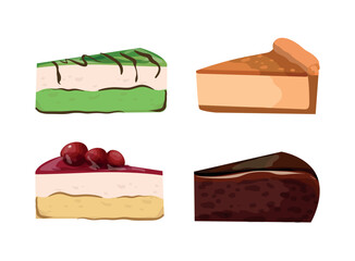 Big set of cakes, pastries and cheesecakes. Vector illustrations of sweets isolated on white background.