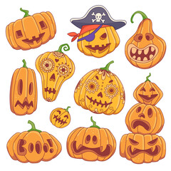Halloween carved pumpkins. Cartoon style vector illustration. Jack-o'-lantern doodle set. 