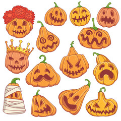 Halloween carved pumpkins. Cartoon style vector illustration. Jack-o'-lantern doodle set. 