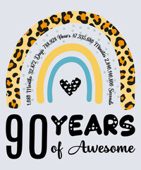 90th Birthday T-Shirt, 90 Years Of Awesome, Typography Design, Milestone Birthday Gift