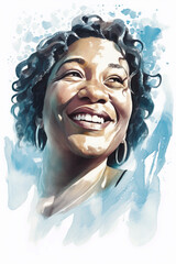 Natural beauty happy and smiling middle aged African American woman, splashes of water, refreshing feeeling, watercolor illustration (Generative AI) - 588067730
