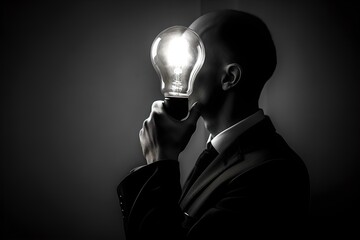 Man with light bulb having ideas