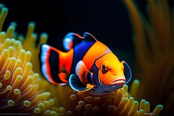 Graphic representation of Close-Up of a Bright Orange Clownfish on a Black Background. Generative AI.  - obrazy, fototapety, plakaty
