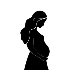 Silhouette of a pregnant woman with long hair. Future mom hugging belly with arms. Concept of pregnancy, family, motherhood.  Vector illustration.