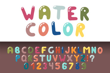 Collection of vector colorful childish english alphabet. Cartoon cute font. Creative funny latin letters and numerals