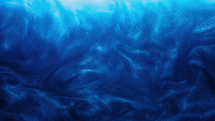 Glitter fluid. Paint water. Ink wave. Sea storm. Blue color glowing shimmering dust particles smoke...
