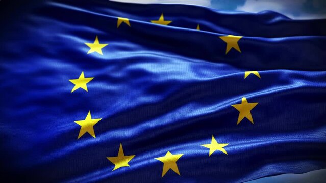 EU flag. Waving EU flag on the Blue Sky background, Closeup. Flag of Europe, symbol of the European Union, 3D 4K video