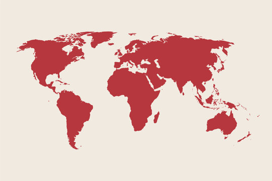 Vector world red map isolated on beige background. Detailed world atlas