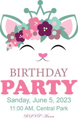 Template for Birthday invitation, for girl, with cute kitty and flowers on white background, editable text