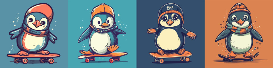 Flat color vector of happy penguin on skateboard set collection