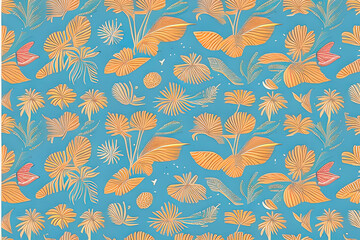 Obraz premium Abstract orange leaves seamless pattern on blue background. Leaf clip texture and pattern. Generative AI.