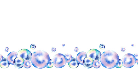 Seamless bubble border. Watercolor illustration on an isolated background. Sea pearls. Underwater inhabitants.
