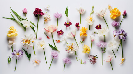 Frühlingsblumen von oben auf weißem Hintergrund