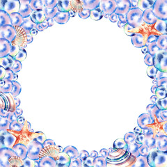 Round frame made of bubbles, shells and starfish. Watercolor illustration on an isolated background. River pearls. Underwater inhabitants.