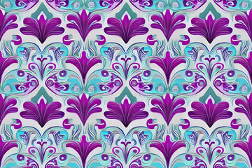 Abstract purple flower and leaves seamless pattern background. Flower and leaf clip illustration texture. Generative AI.