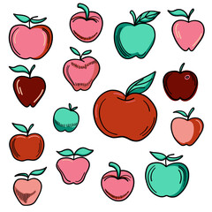 Cartoon style apples set with black outline. Vector illustration.
