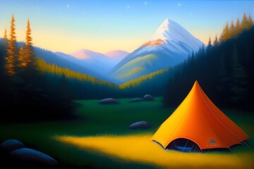Graphic representation of "Orange Tents in Mountain Valley". Generative AI. 