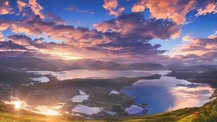 Fototapeta na wymiar Panoramic Sunrise over a Beautiful Lake
