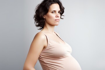 Beautiful pregnant woman touching her belly waiting for baby. Generative AI