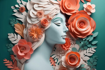 Illustration of a woman's profile created with intricate paper art, adorned with a beautiful flower frame. Ai generated.