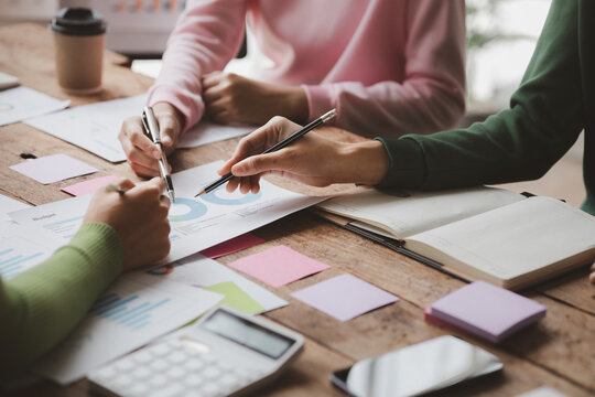 Group businessman attended a meeting with executives of startup companies, startup company sales team meetings, brainstorming and summary of company performance. Business strategy management concept.