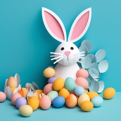 Obraz premium Cute Easter Bunny Paper art, Generative AI, 
