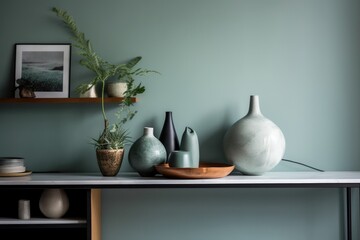 shelf with decorative vases and a potted plant. Generative AI