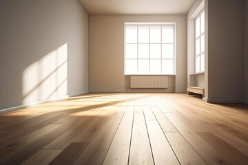 Illustration of an empty room with natural wooden floors and large windows. Generative AI